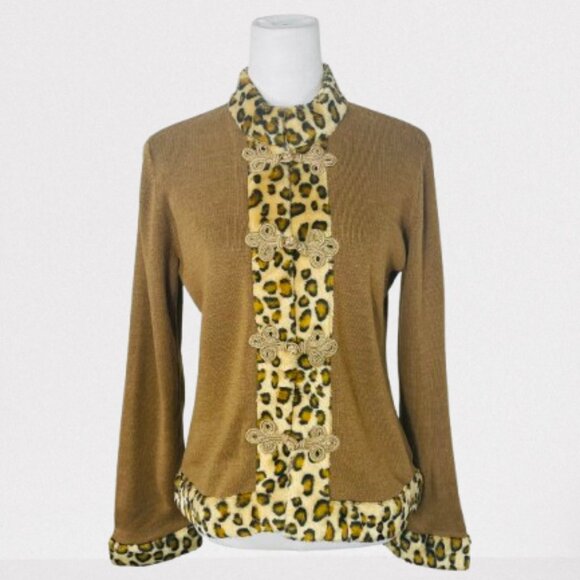 Vintage Victor Costa Wool Blend Cardigan Jacket Faux Fur Trim Golden Loops M Tan - Picture 1 of 8